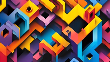 Colorful geometric pieces interlocking with dynamic shadows creating a complex and eye-catching design