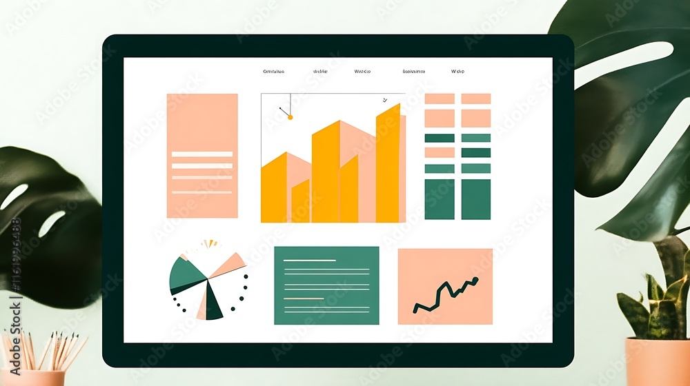 Poster tablet displaying colorful business data graphics