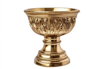 Ornate golden bowl on pedestal, isolated.