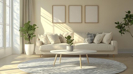 Fototapeta premium Sunlit living room with beige sofa, coffee table, plants, and three empty frames.