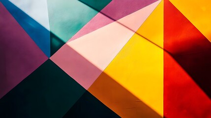 Colorful geometric patterns interlocking with their shadows creating an energetic and dynamic display