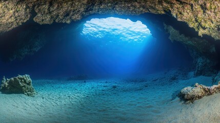 Obraz premium Underwater cave opening to sunlight, sandy ocean floor.