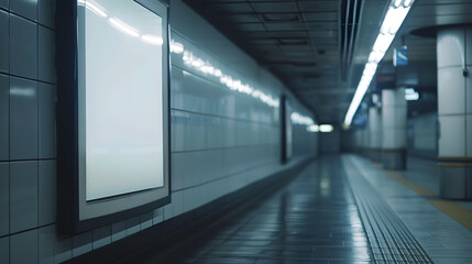 Blank white billboard mockup in an subway station, ideal for showcasing marketing projects, branding concepts, social media promotions