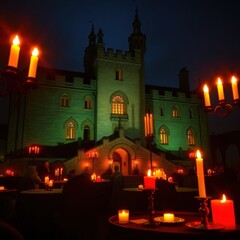 Illuminated medieval castle with glowing candles at night