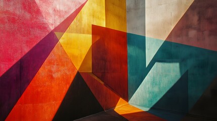 Fototapeta premium Vibrant geometric figures fitting together with shadows that play with light and depth across the surface
