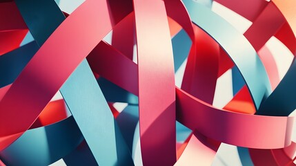 Bright geometric shapes interlocking in a dynamic pattern with long shadows creating an intricate effect