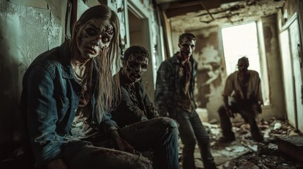 Fototapeta premium Survivors barricading themselves inside a crumbling house as zombies approach from the shadows. 