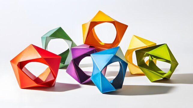 A collection of interlocking geometric shapes in bright hues with shadows that form dramatic angles