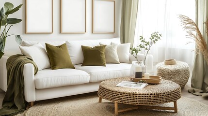 Modern living room interior with white sofa, olive green cushions, wicker coffee table, and natural decor.