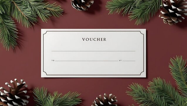 A blank gift voucher surrounded by pine branches and pine cones on a red background.