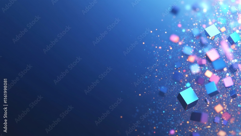 Poster Abstract blue background with colorful glowing cubes and particles.