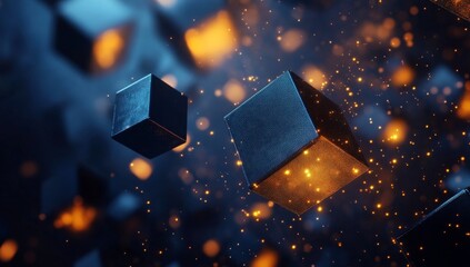 Glowing cubes float in dark space, sparks surround.