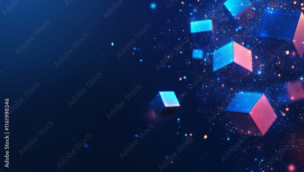 Poster Abstract blue and pink cubes floating in dark space with glowing particles.