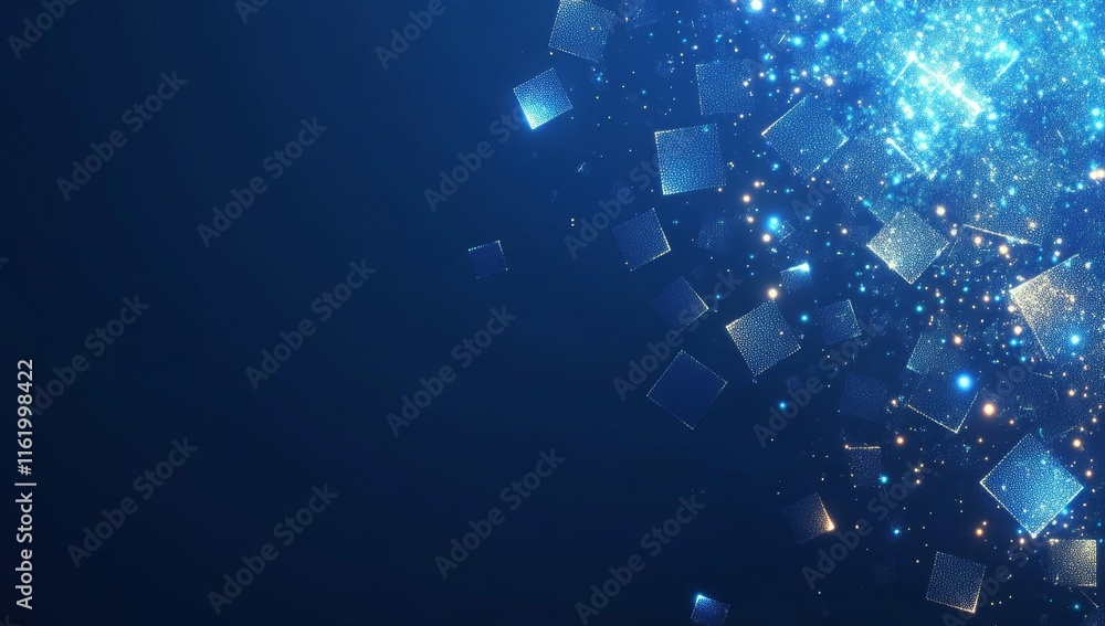 Poster abstract blue background with glowing squares.
