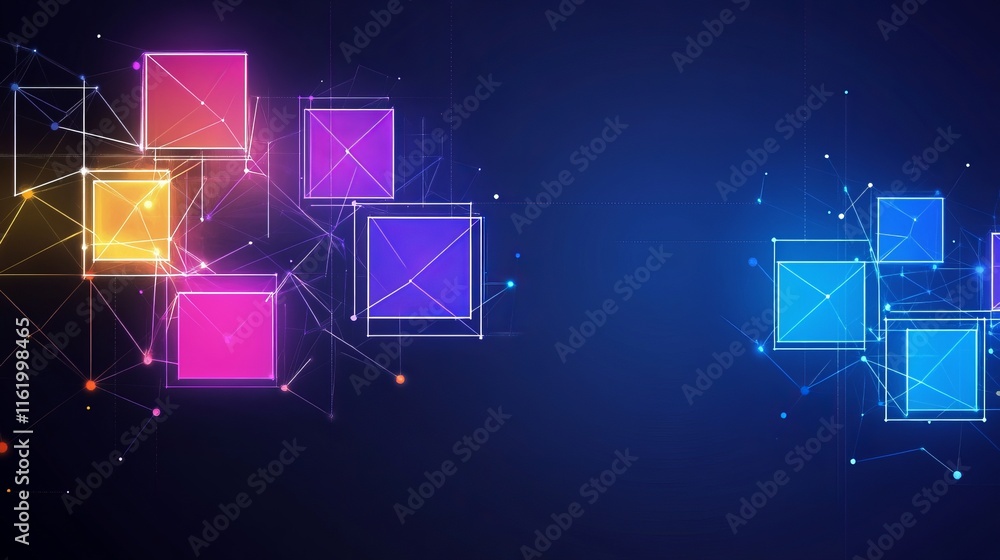 Poster abstract network data visualization with glowing squares