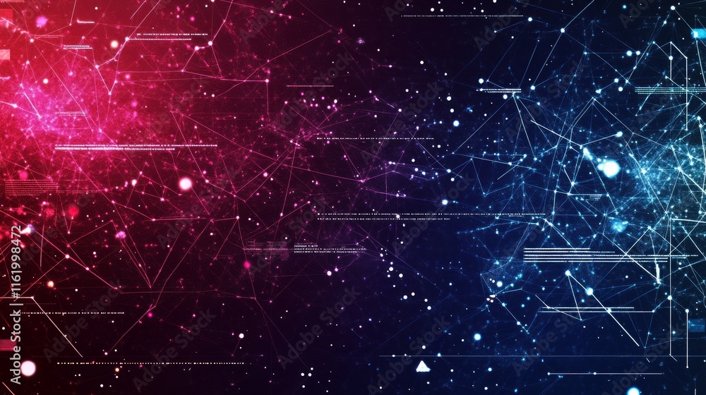 Poster abstract network data visualization red blue nodes
