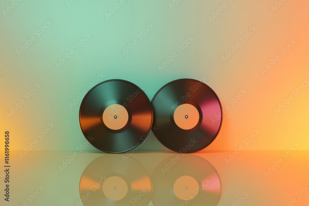 Poster vintage vinyl records displayed against a gradient backdrop with reflection and ample copy space. ge