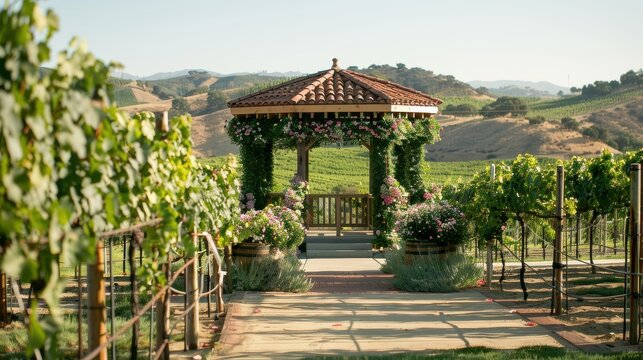 Vineyard wedding gazebo with flowers.