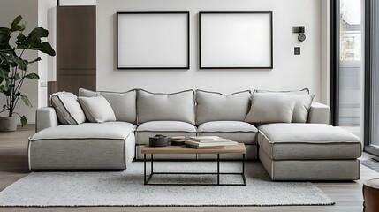 Fototapeta premium Modern sectional sofa in light beige fabric, arranged in an open-plan living room with large windows, wooden coffee table, and neutral decor.