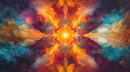 A radiant energy field expanding outward from a glowing core with vibrant rays of color bursting from the middle