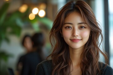 A woman with long brown hair is smiling at the camera. Generative AI