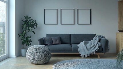 Modern living room interior design with gray sofa, knitted pouf, plant, and three empty frames.