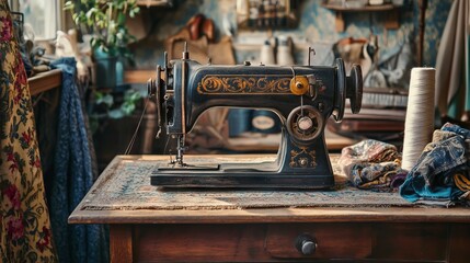 Vintage Sewing Machine with Fabric and Threads in Retro Room Setting. AI generated illustration