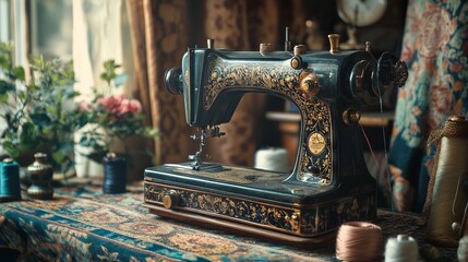 Vintage Sewing Machine with Fabric and Threads in Retro Room Setting. AI generated illustration