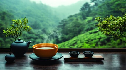 Steaming teacup on wooden table with scenic view.