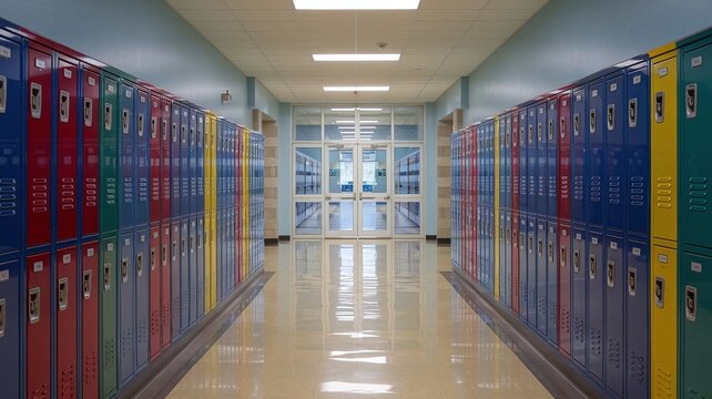 A School Hallway With Digital Lockers Has a Variety of Colors Including Red Blue Yellow and Green - Generated by AI - Powered by Adobe