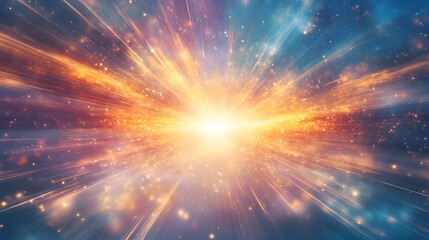A radiant explosion of light and energy with streaks of colorful light radiating outward from a central core