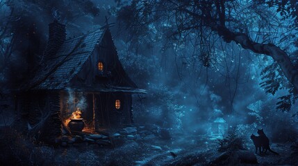 Mystical witch's cottage in a dark forest at night, with a cauldron and black cats.