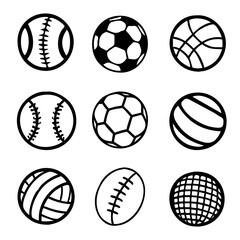 Icon set of balls used in soccer baseball football basketball volleyball rugby ball sports . Thin line icons flat vector illustrations isolated on white transparent background