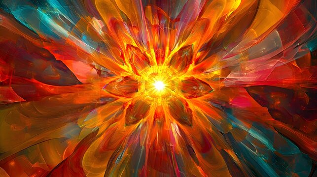 A central burst of energy glowing brightly with rays of color streaming out in all directions