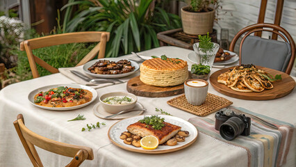 fried salmon with lemon grass, braised beef with red wine and shiitake mushrooms, roasted whole chicken with herbs and greens, green vegetarian pancakes with homemade honey mustard sauce