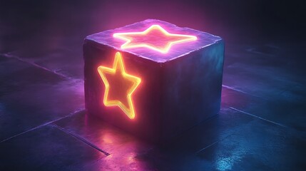 Neon Stars Glow On Dark Cube Block