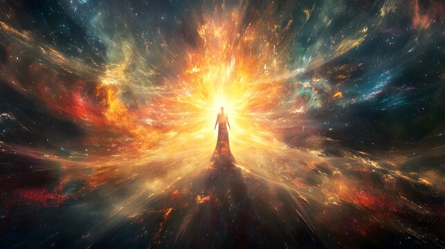 A central burst of light with colorful beams of energy radiating outward in all directions