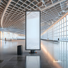 Blank white billboard mockup in an airport, ideal for showcasing marketing projects, branding concepts, social media promotions
