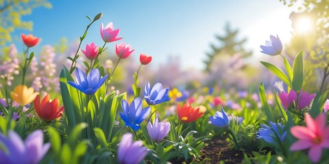 Fresh Spring Garden with Blooming Flowers, Gentle Sunlight and Clear Blue Skies
