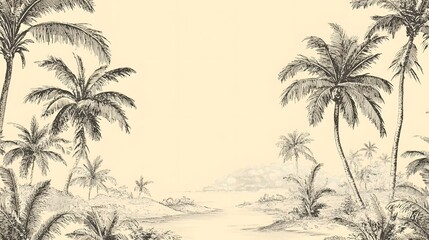 Tropical Beach Scene With Palm Trees Sketch