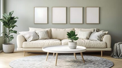 Modern living room interior with beige sofa, coffee table, plants, and framed artwork.
