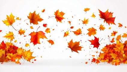 Autumn leaves fall, red and orange maple leaves flying and piled on white background.