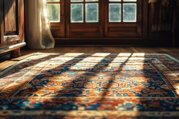 Vibrant Carpet with Intricate Patterns in Front of Wooden Window. AI generated illustration