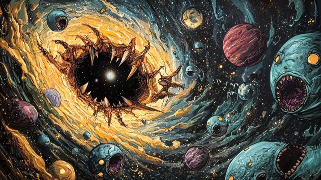 A humorous cartoon of a black hole eating planets, with lighthearted elements like stars with funny expressions