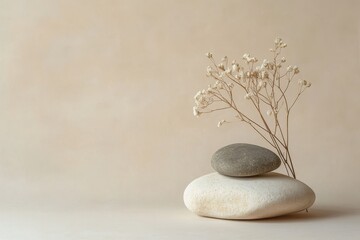 Balanced stones and dried flowers on beige background. (1)