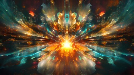 Fototapeta premium A glowing explosion of light and energy at the center with beams of color radiating outward in all directions
