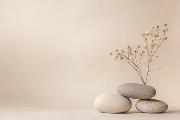 Dried flowers on balanced stones, beige background.