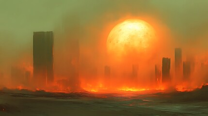 Fototapeta premium Burning Cityscape Underneath a Giant Orange Moon