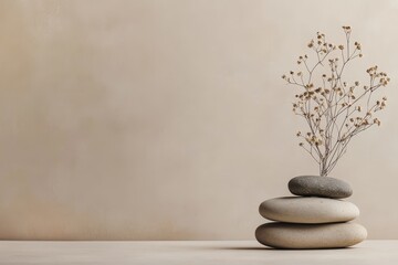 Stacked stones with dried flowers on beige background.