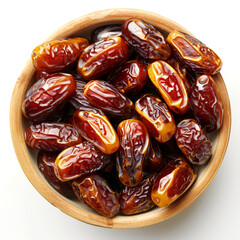 Dates fruit in wooden bowl isolated on white background. Top view.